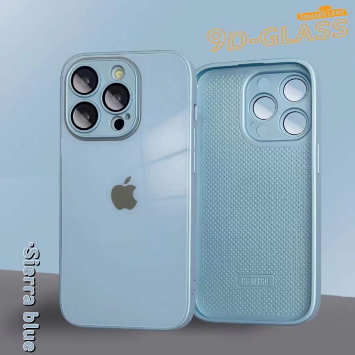 Husa din Sticla si Silicon cu Protectie Lentile Camera pentru iPhone 14 Pro, Sierra Blue-Glossy [12]