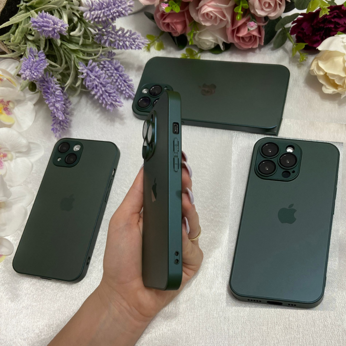 Husa din Sticla si Silicon cu Protectie Lentile Camera pentru iPhone 15, Verde-Mat [5]