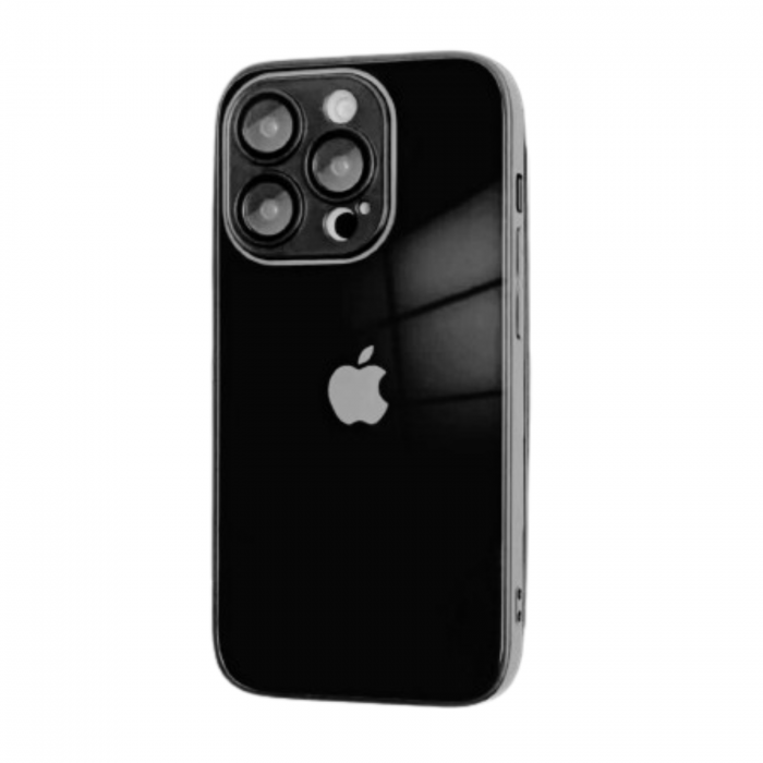 Husa din Sticla si Silicon cu Protectie Lentile Camera pentru iPhone 15, Black-Glossy [1]