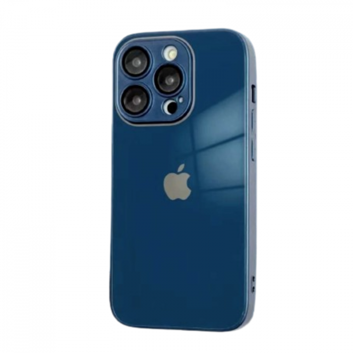 Husa din Sticla si Silicon cu Protectie Lentile Camera pentru iPhone 15 Plus, Navy Blue-Glossy [1]