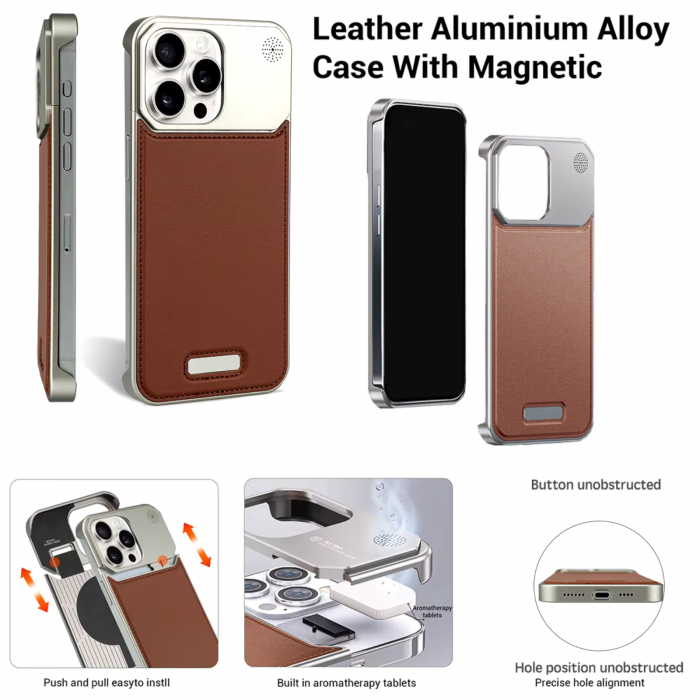 Husa iPhone 17, Dur Aluminiu si Piele cu MagSafe, Brown [13]