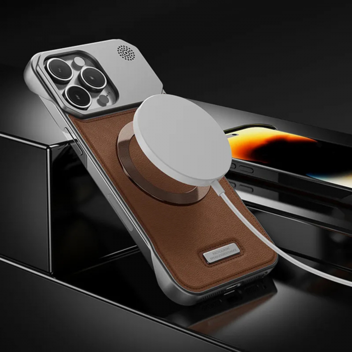 Husa pentru iPhone 17 Pro Max/ 18 Pro Max, Dur Aluminiu si Piele cu MagSafe, Orange Cosmic [8]