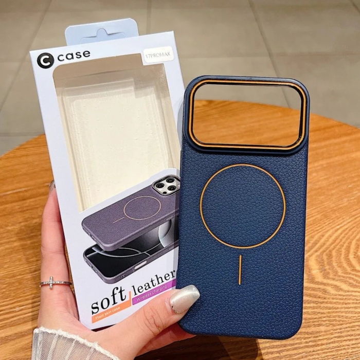 Husa iPhone 15 Pro, Silicon Texturat cu Protectie Interioara din Piele si MagSafe, Albastra [4]