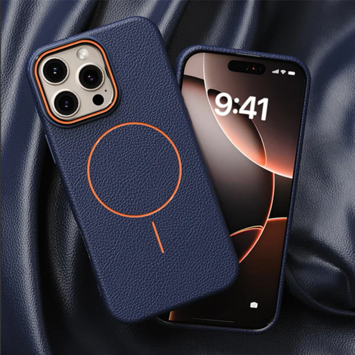 Husa iPhone 17 Pro Max, Silicon Texturat cu Protectie Interioara din Piele si MagSafe, Albastra [4]