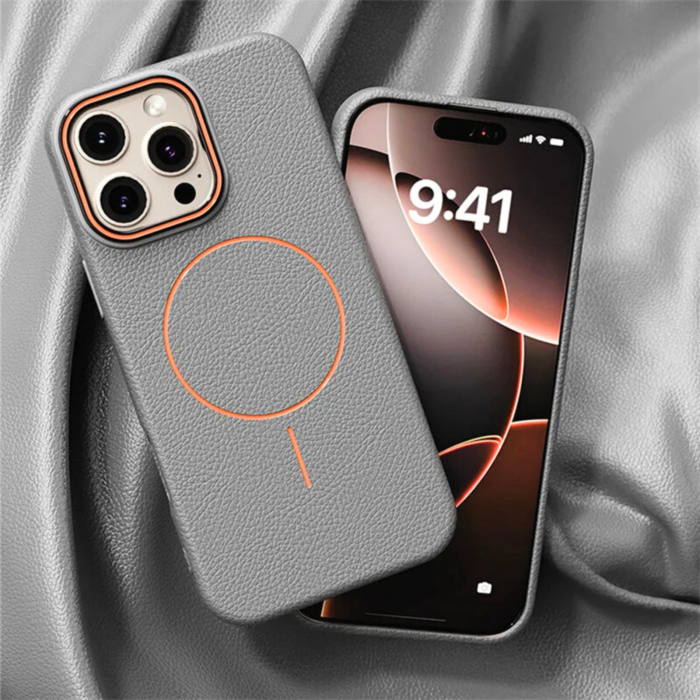 Husa iPhone 15 Pro Max, Silicon Texturat cu Protectie Interioara din Piele si MagSafe, Grey [5]