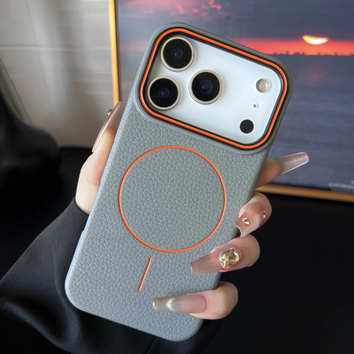 Husa iPhone 15 Pro Max, Silicon Texturat cu Protectie Interioara din Piele si MagSafe, Grey [3]