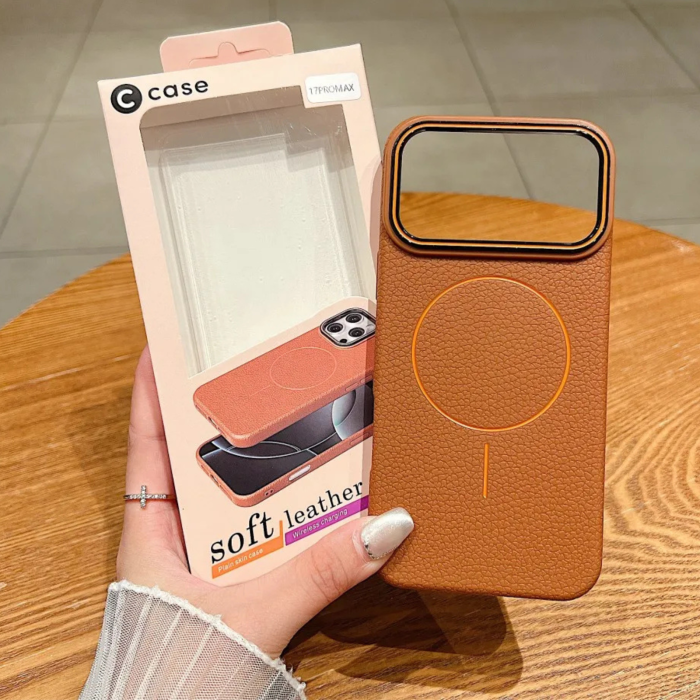 Husa iPhone 16, Silicon Texturat cu Protectie Interioara din Piele si MagSafe, Orange-Brown [7]