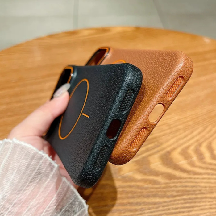 Husa iPhone 15 Pro, Silicon Texturat cu Protectie Interioara din Piele si MagSafe, Orange-Brown [3]