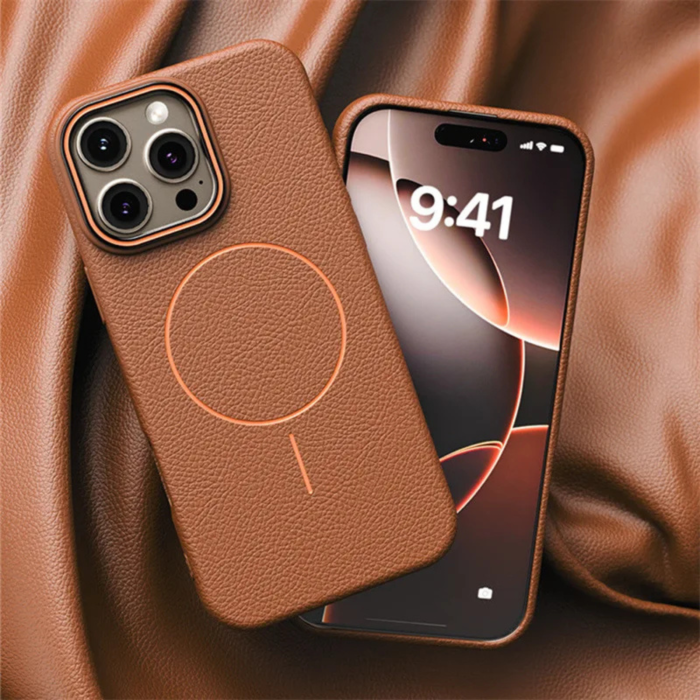 Husa iPhone 16 Pro Max, Silicon Texturat cu Protectie Interioara din Piele si MagSafe, Orange-Brown [6]
