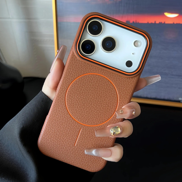 Husa iPhone 16 Pro, Silicon Texturat cu Protectie Interioara din Piele si MagSafe, Orange-Brown [5]