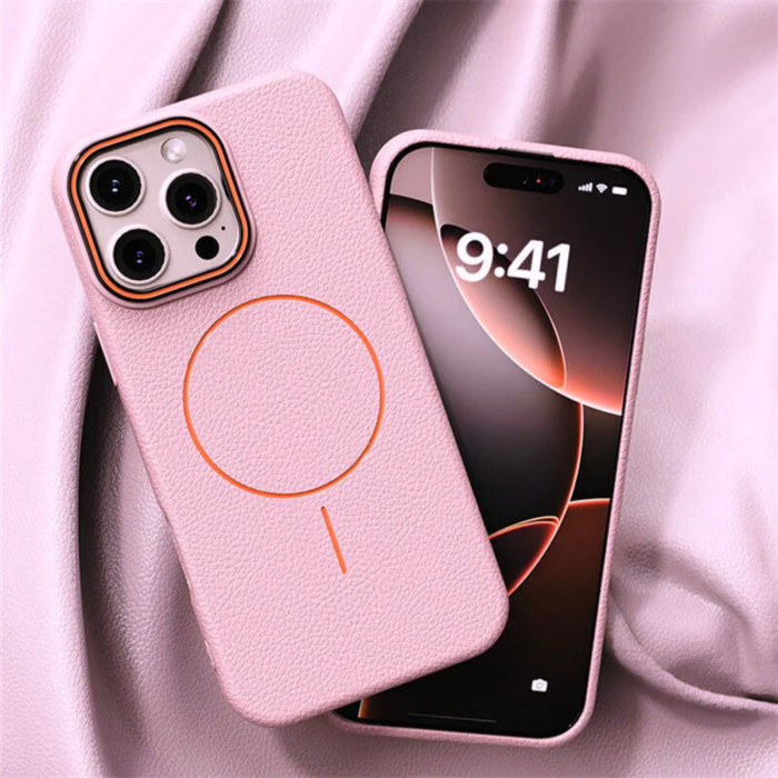 Husa iPhone 16, Silicon Texturat cu Protectie Interioara din Piele si MagSafe, Pink [3]