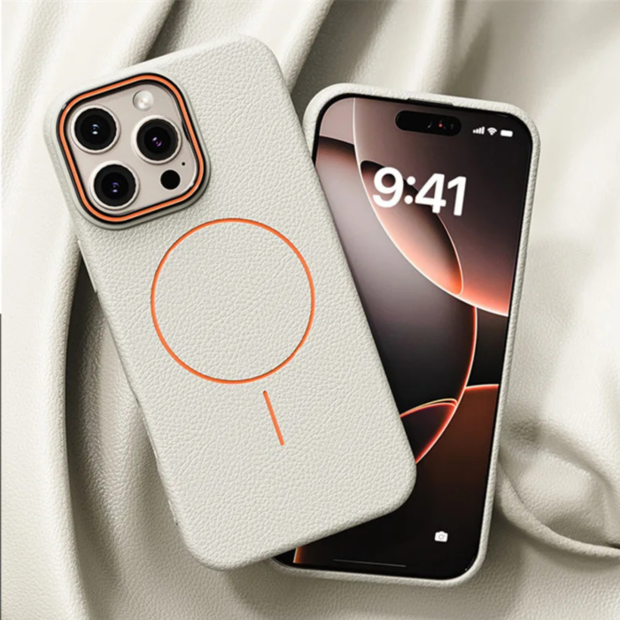 Husa iPhone 15 Pro, Silicon Texturat cu Protectie Interioara din Piele si MagSafe, White [5]