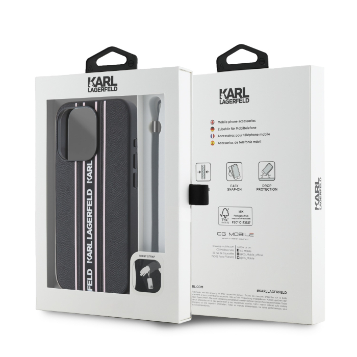 Husa iPhone 15 Pro, Karl Lagerfeld PU Saffiano Athleisure Stripe and Strap, Black-Pink [4]