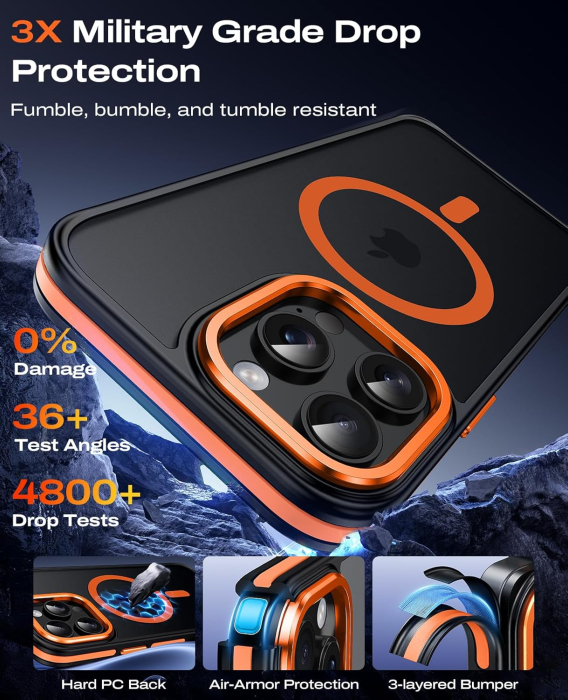 Husa iPhone 15 Pro Max, Anti-Slip Shockproof, Military-Grade Protection, MagSafe, Cosmic Orange - Black [8]
