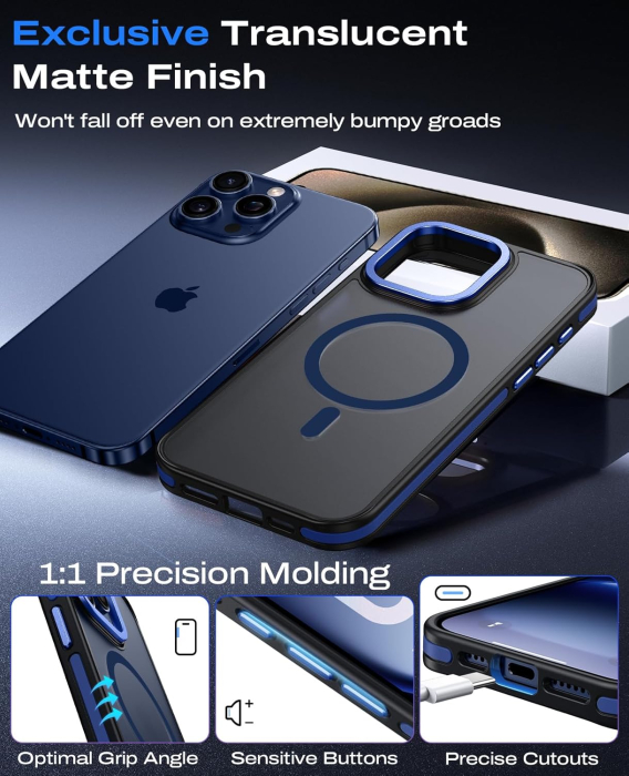 Husa iPhone 16 Pro, Anti-Slip Shockproof, Military-Grade Protection, MagSafe, Deep Blue - Black [2]