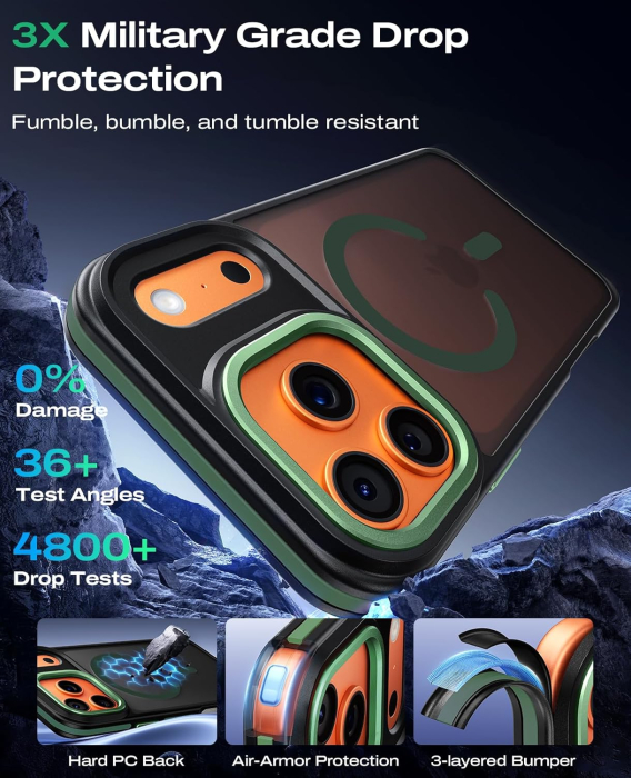 Husa iPhone 16 Pro Max, Anti-Slip Shockproof, Military-Grade Protection, MagSafe, Green - Black [7]