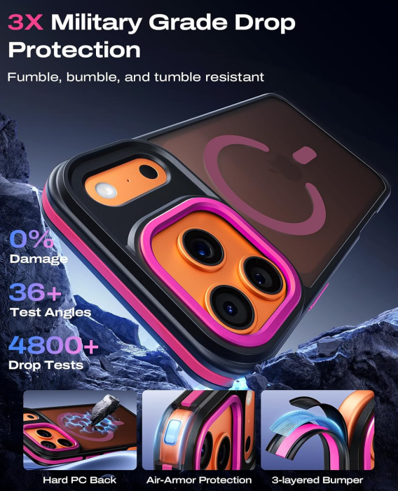 Husa iPhone 16 Pro, Anti-Slip Shockproof, Military-Grade Protection, MagSafe, Hot Pink - Black [7]
