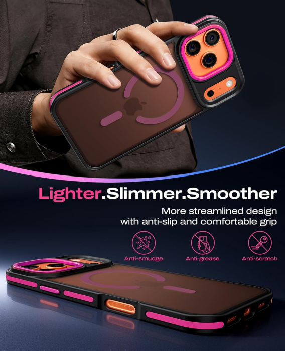 Husa iPhone 16 Pro, Anti-Slip Shockproof, Military-Grade Protection, MagSafe, Hot Pink - Black [3]