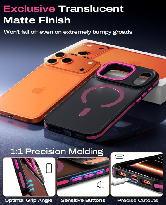 Husa iPhone 16 Pro, Anti-Slip Shockproof, Military-Grade Protection, MagSafe, Hot Pink - Black [4]