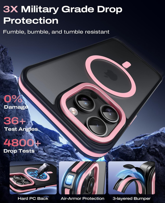 Husa iPhone 16 Pro, Anti-Slip Shockproof, Military-Grade Protection, MagSafe, Pink - Black [2]