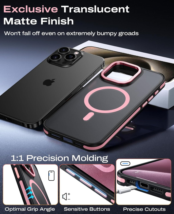 Husa iPhone 16 Pro, Anti-Slip Shockproof, Military-Grade Protection, MagSafe, Pink - Black [6]