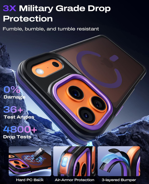 Husa iPhone 15 Pro Max, Anti-Slip Shockproof, Military-Grade Protection, MagSafe, Purple - Black [2]