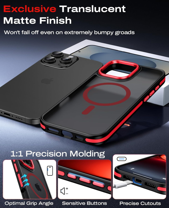 Husa iPhone 16 Pro, Anti-Slip Shockproof, Military-Grade Protection, MagSafe, Red - Black [3]
