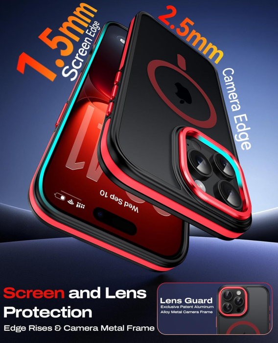 Husa iPhone 16 Pro, Anti-Slip Shockproof, Military-Grade Protection, MagSafe, Red - Black [2]