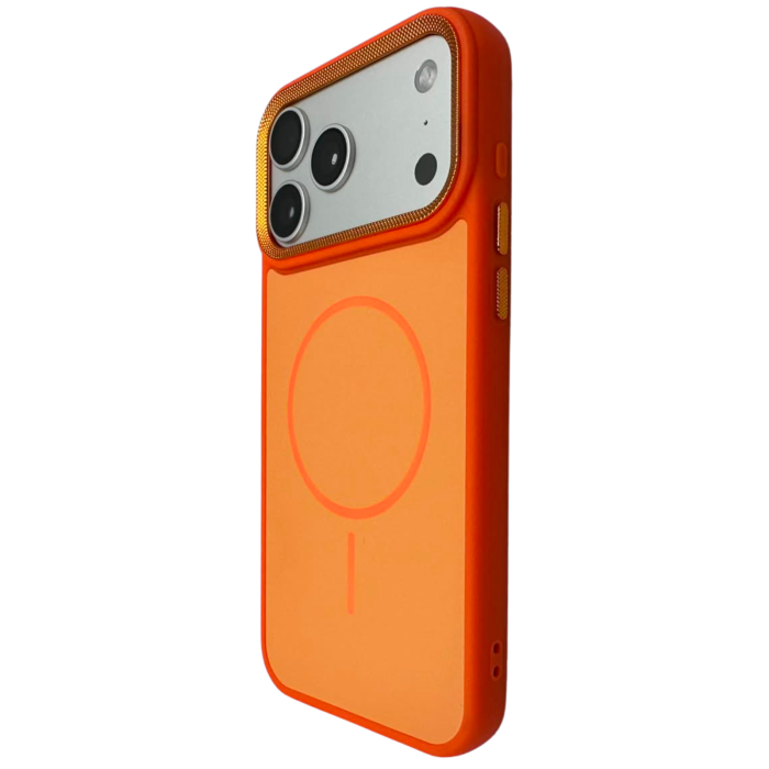 Husa iPhone 16, Anti-Slip Silicone Frame, Hard Back MagSafe, Dur Aluminium frame Camera Protection, Orange [3]