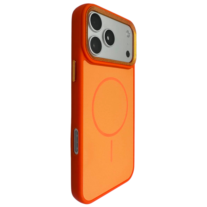Husa iPhone 16 Pro Max, Anti-Slip Silicone Frame, Hard Back MagSafe, Dur Aluminium frame Camera Protection, Orange [5]