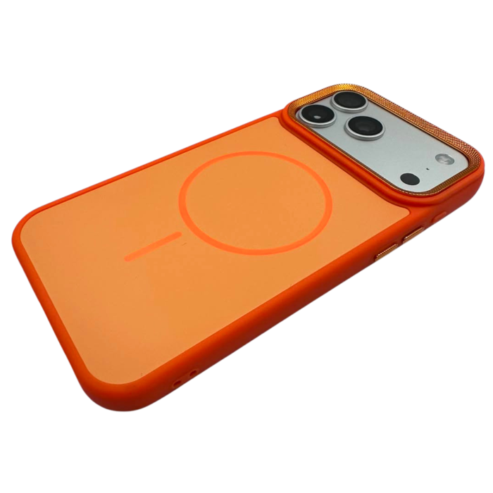 Husa iPhone 15 Pro Max, Anti-Slip Silicone Frame, Hard Back MagSafe, Dur Aluminium frame Camera Protection, Orange [6]