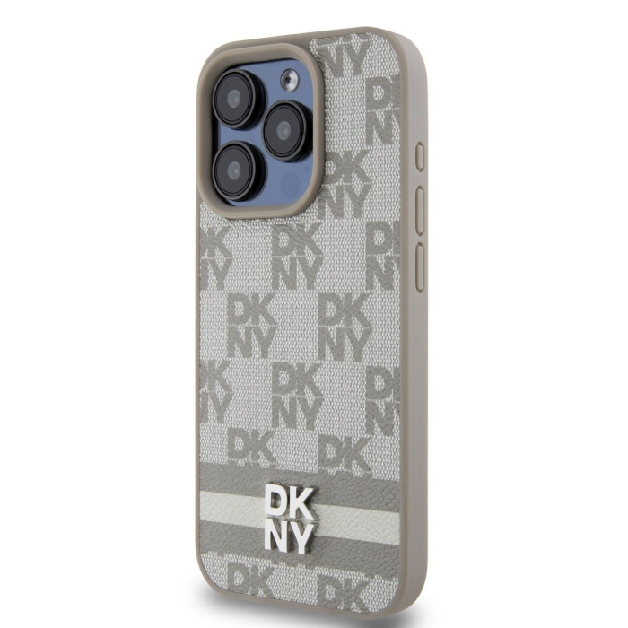 Husa iPhone 15 Pro Max, DKNY PU Leather Checkered Pattern and Stripe, Beige [2]
