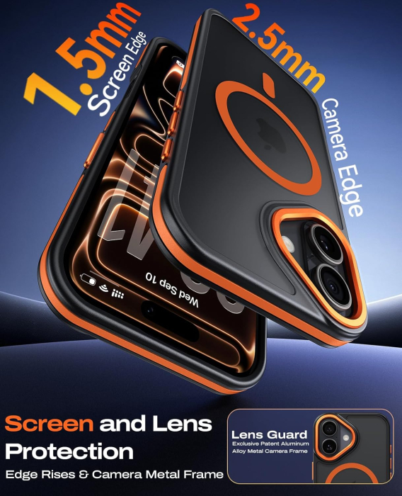 Husa iPhone 16, Anti-Slip Shockproof, Military-Grade Protection, MagSafe, Cosmic Orange - Black [5]