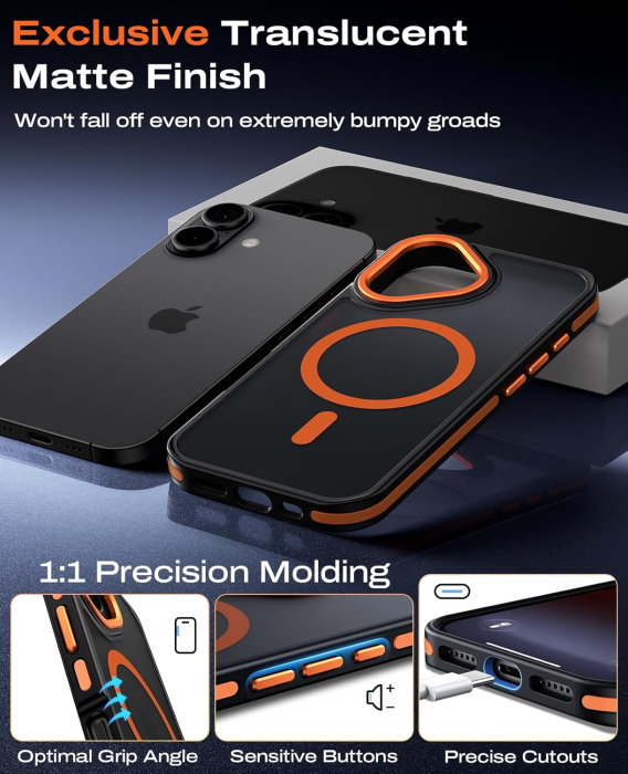Husa iPhone 16, Anti-Slip Shockproof, Military-Grade Protection, MagSafe, Cosmic Orange - Black [4]