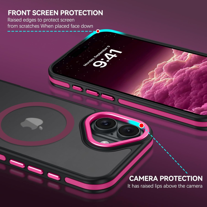 Husa iPhone 16, Anti-Slip Shockproof, Military-Grade Protection, MagSafe, Hot Pink - Black [8]