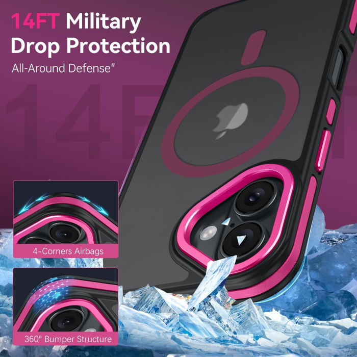 Husa iPhone 16, Anti-Slip Shockproof, Military-Grade Protection, MagSafe, Hot Pink - Black [7]