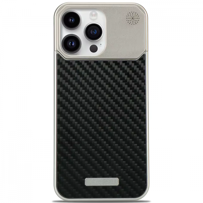 Husa iPhone 14 Pro, Dur Aluminiu si Carbon cu MagSafe, Silver Golden [2]