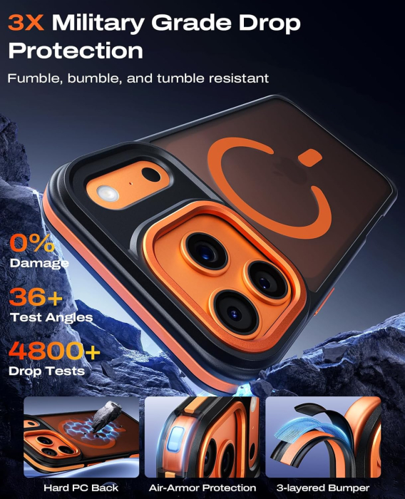 Husa iPhone 17 Pro Max, Anti-Slip Shockproof, Military-Grade Protection, MagSafe, Cosmic Orange - Black [5]