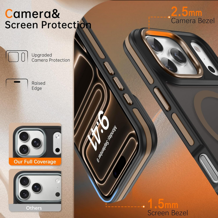Husa iPhone 15 Pro Max, Anti-Slip Shockproof, Military-Grade Protection, MagSafe, Golden - Black [4]