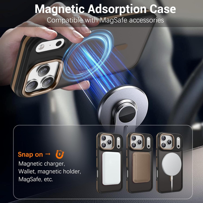 Husa iPhone 15 Pro Max, Anti-Slip Shockproof, Military-Grade Protection, MagSafe, Golden - Black [3]