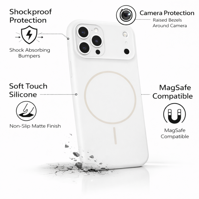 Husa iPhone 17 Pro din Silicon cu Microfibra la Interior si MagSafe, White [5]