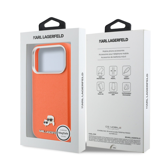 Husa iPhone 17 Pro, Karl Lagerfeld PU Karl and Choupette Heads Pins MagSafe, Orange [7]