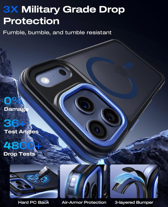 Husa iPhone 17 Pro Max, Anti-Slip Shockproof, Military-Grade Protection, MagSafe, Deep Blue - Black [5]