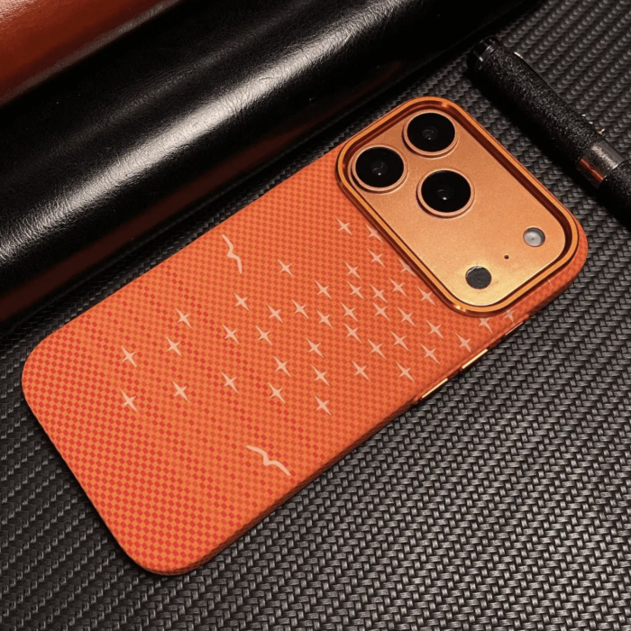 Husa iPhone 17 Pro Max, Luxury, Hard PC MagSafe, Look Carbon Fiber Pattern, Shockproof, Orange [3]