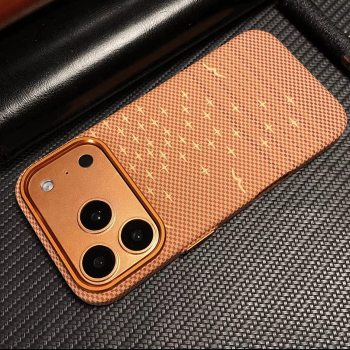 Husa iPhone 17 Pro Max, Luxury, Hard PC MagSafe, Look Carbon Fiber Pattern, Shockproof, Orange Nude [3]