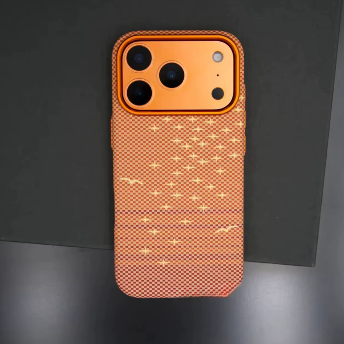 Husa iPhone 17 Pro Max, Luxury, Hard PC MagSafe, Look Carbon Fiber Pattern, Shockproof, Orange Nude [4]