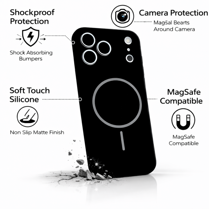 Husa iPhone 17 Pro Max, Silicon cu Protectie Camera, Microfibra la Interior si MagSafe, Black [6]