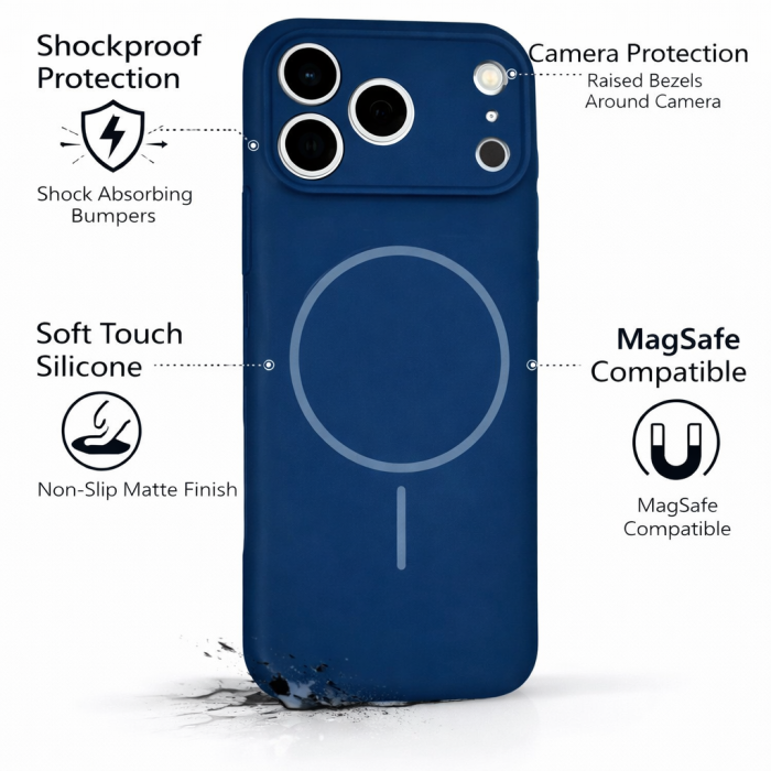 Husa iPhone 17 Pro, Silicon cu Protectie Camera, Microfibra la Interior si MagSafe, Albastra [5]