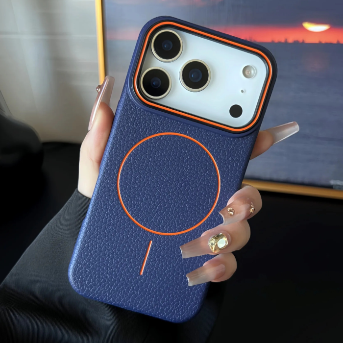 Husa iPhone 17, Silicon Texturat cu Protectie Interioara din Piele si MagSafe, Albastra [2]