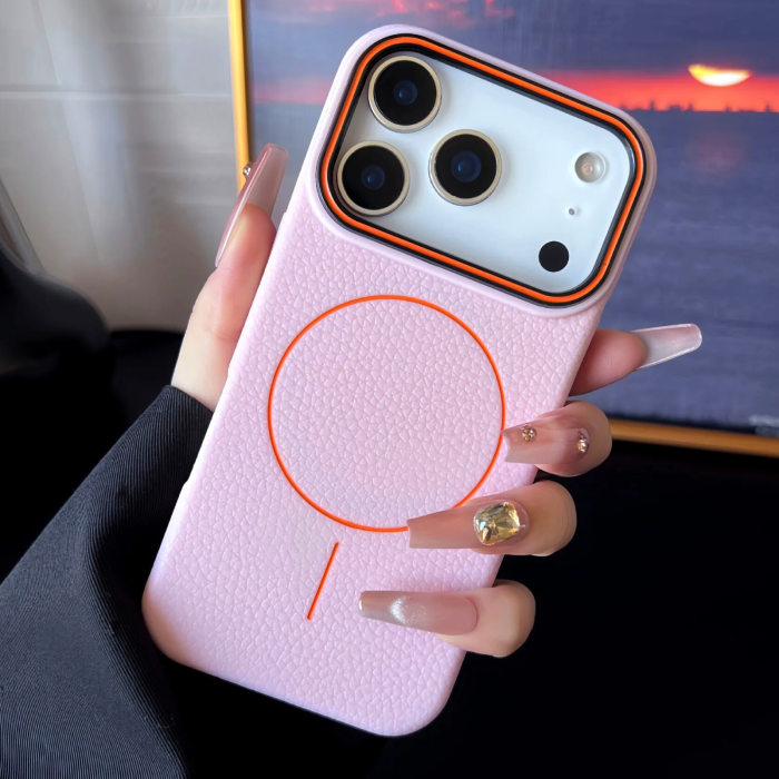 Husa iPhone 17 Pro, Silicon Texturat cu Protectie Interioara din Piele si MagSafe, Pink [2]